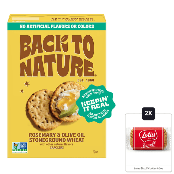 Back To Nature - Stoneground Wheat Crackers - Rosemary & Olive Oil - 5 Ounce (Pack of 6) & 2x Lotus Biscoff Cookies 0.2oz