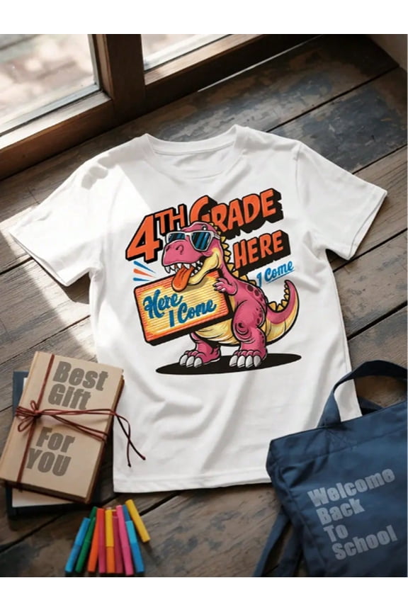 Back To School 4th Grade HeRe i CoMe Cute Dinosaur Boy's Tee Back To School Youth Tees Casual Lightweight Comfy Short Sleeve Tee Tops, Boys Clothes