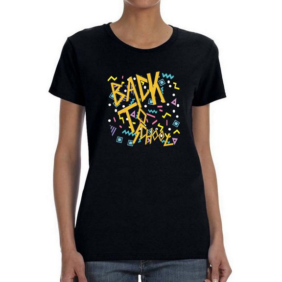 Back To School 90's Font And Music Icons  Women Black T-Shirt, Female x-Large