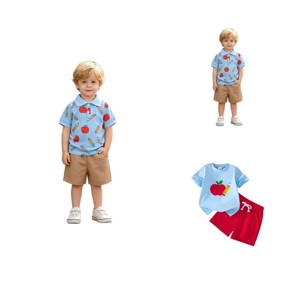 Back To School Boys Outfit Full Print Pattern Short Sleeve Tee And Matching Shorts For Kids