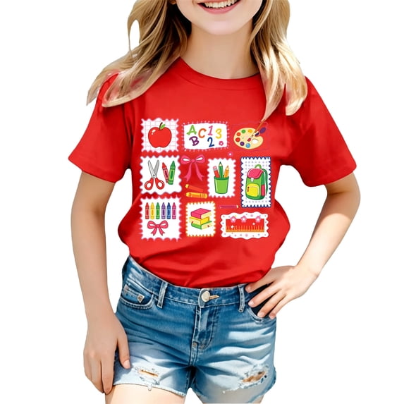 Back To School Girls Cool Tee Round Neck Short Sleeve First Day Top Casual Kids Apparel Age 3-14