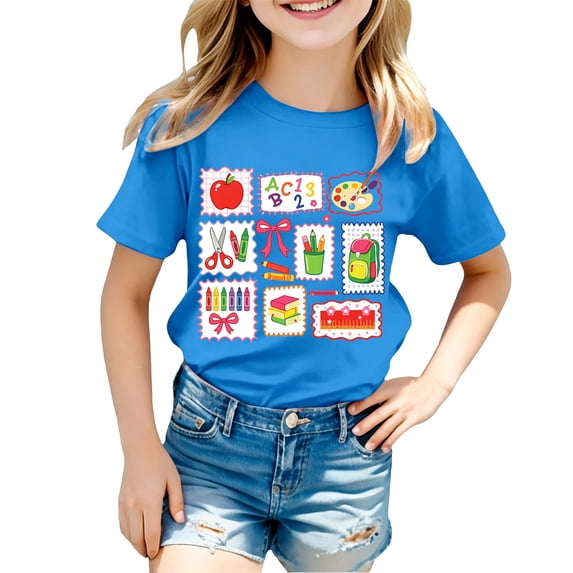 Back To School Girls Cool Tee Round Neck Short Sleeve First Day Top Casual Kids Apparel Age 3-14
