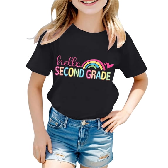 Back To Short Sleeve Blouse, Crew Neck Cotton Solid Color Tees, Soft Basic T-Shirts For Growing Kids Girls