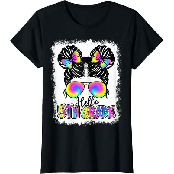 Back To School Hello 5th Grade Cute Messy Bun Tie Dye Girls T-Shirt
