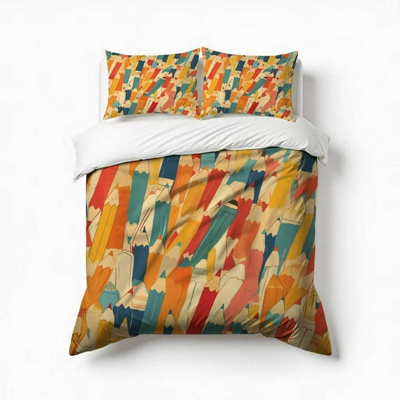 Back To School Messy Pencils Art Bedding Set 3 Pcs Soft Microfiber Quilt Cover For Bedroom Decor, Comforter Cover With 2 Pillowcase