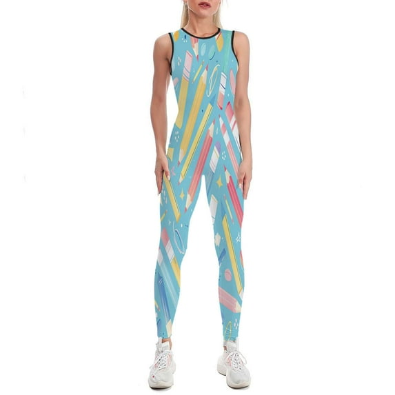 Back To School Messy Pencils Art Women's One Piece Yoga Jumpsuits Leggings Playsuit Gym Suit Fitness Running Athletic Clothes Gym Wear Set