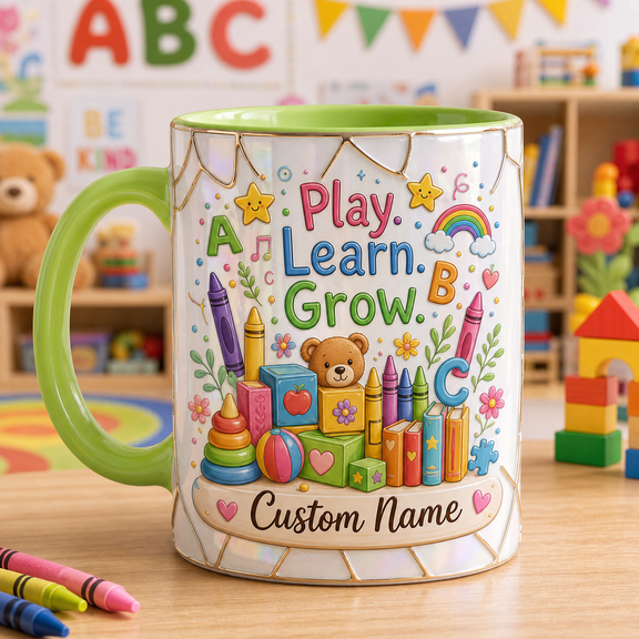 Back To School Mug Play Learn Grow Ceramic Coffee Cup for Classroom Desk Teacher Gift
