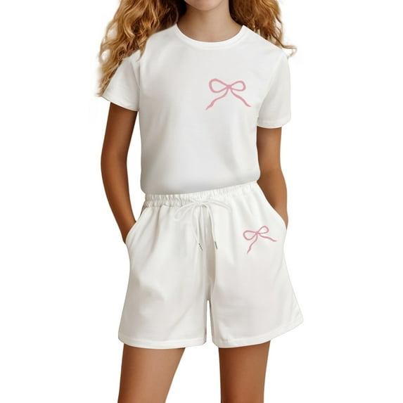 Back To School Outfits for Girls Girls Short Sets T-Shirt and Shorts Outfit Back To School Casual Casual Outfit for Teens 6-7 Years #White