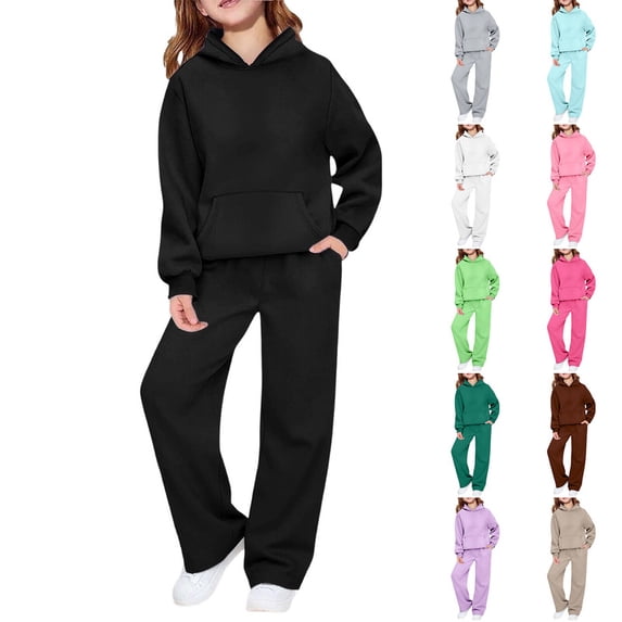 Back To School Outfits for Girls,Long Sleeve Solid Color Sweatshirt Hooded Pullover Tops and Wide Leg Pants Sweatpants Kids Clothing Set SweatSuit