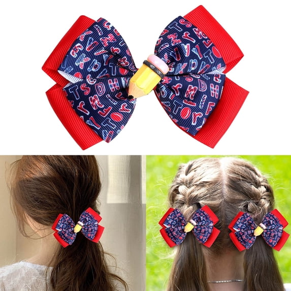 Back To School Pencil Themed Hair Bows Ribbon Clips Ponytail Holders Cheerleader Student First Day Hair Accessories For Girls