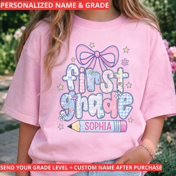 Back To School Shirt, Personalized Name and Grade Shirt, Custom Bow Pencil School Outfit, First Day Of School Gift, Cute Classroom Tee