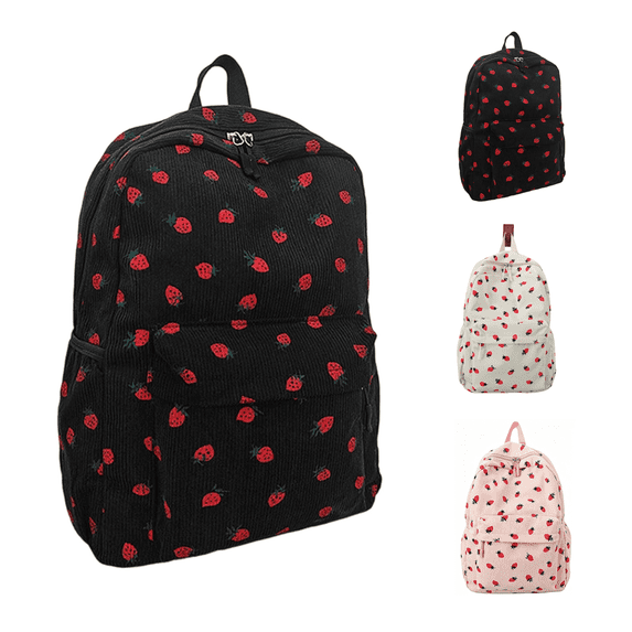 Back To School Student Fruit Strawberry Print Daypack Large Single Main Zipper Compartment Unisex Mini Backpack(Black)
