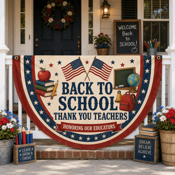 Back To School Teacher Banner Patriotic Semi Circle Flag Labor Day Porch Decor