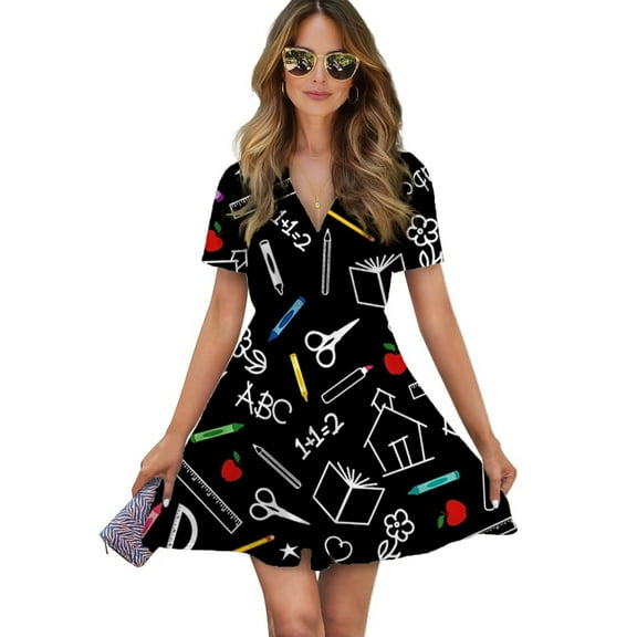 Back To School Women Dress V-Neck Short Sleeve Flowy Swing Party Midi Dress