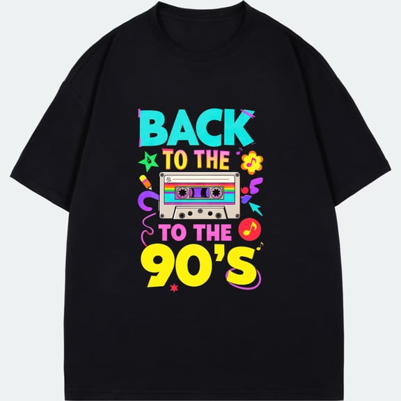 Back To The 90s T Shirt Black Retro Cassette Tape And Colorful Graphics Design For Party And Casual Wear