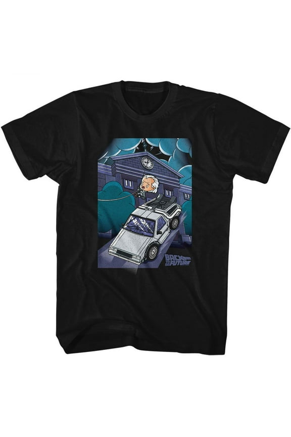Back To The Future Cute Cartoon Doc And Clock Tower Black T-Shirt
