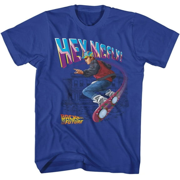 Back to The Future Marty Flying Hoverboard Men's T Shirt (Blue, AdultL)