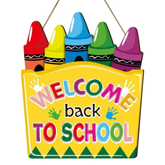 Back To Wooden Door Sign for Classroom Entrance Welcome | Cute Crayon Theme Hanging Sign for Teachers and Students, 30*25*0.5cm, Yellow