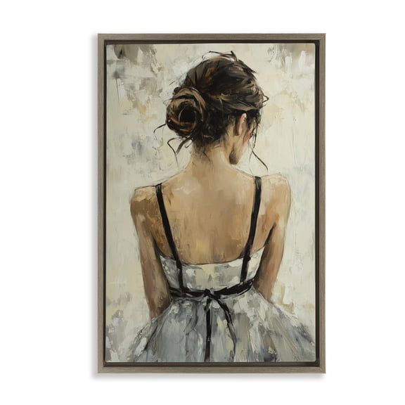 Stupell Industries Back View Female in Dress Brown Framed Floater Canvas Wall Art, design by Petal Prints Design