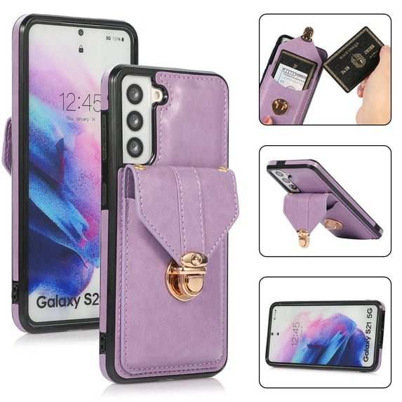 Back Wallet Case for Samsung Galaxy S23, Fashionable Metal Anti-Theft Buckle Card Slot Pocket Luxury PU Leather Cover with Shoulder Strap Lanyard Crossbody Kickstand Shockproof Case,Purple
