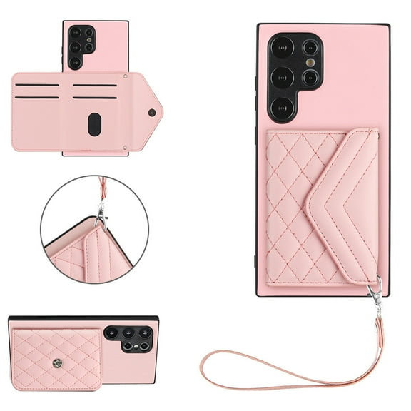 Back Wallet Case for Samsung Galaxy S24 Ultra with RFID Blocking Card Holders Stand Function Shockproof PU Leather Wallet Case with Wrist Lanyard for Samsung Galaxy S24 Ultra, Pink