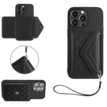 Back Wallet Case for iPhone 15 Pro with RFID Blocking Card Holders Stand Function Shockproof PU Leather Wallet Case with Wrist Lanyard for iPhone 15 Pro, Black