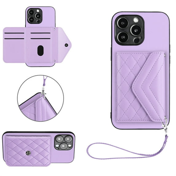 Back Wallet Case for iPhone 15 Pro with RFID Blocking Card Holders Stand Function Shockproof PU Leather Wallet Case with Wrist Lanyard for iPhone 15 Pro, Purple