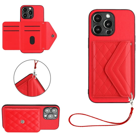Back Wallet Case for iPhone 15 Pro with RFID Blocking Card Holders Stand Function Shockproof PU Leather Wallet Case with Wrist Lanyard for iPhone 15 Pro, Red