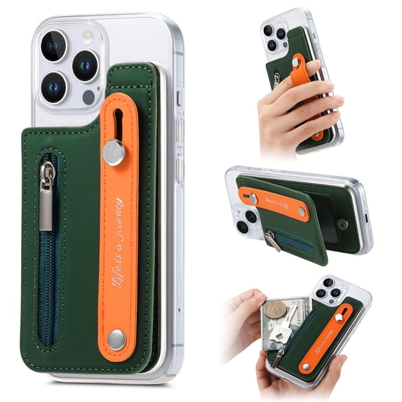 Back Wallet for iPhone 15 Pro Case with Card Holder, PU Leather RFID Blocking Card Slots Zipper Purse Case with Wristband, Magnetic Clasp Flip Stand Clear Durable Phone Cover, Darkgreen