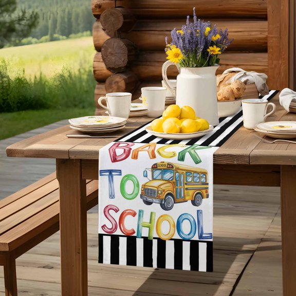 Back To Watercolor School Bus Table Runner 13x36in Non-Slip Cotton Linen Table Runners, Black Stripe White Dresser Scarves TableRunner for Dinner Kitchen Dining Wedding Party