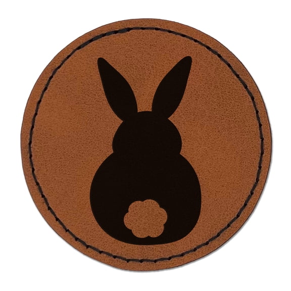 Back of Bunny Rabbit Butt Easter 2.5" Faux Leather Round Engraved Iron-On Patch - Brown