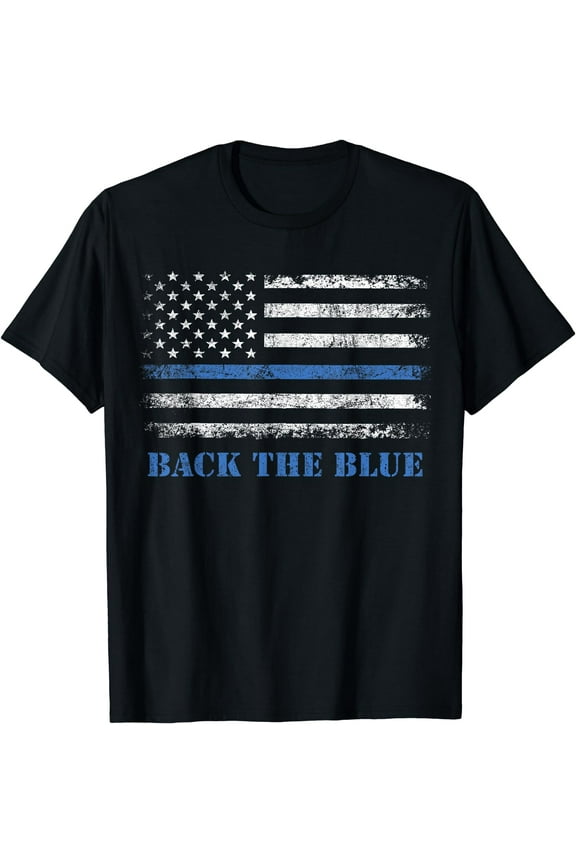Back the Blue Thin Blue Line American Flag - Police Support Funny Creative Graphic T-Shirt Black 2X-Large