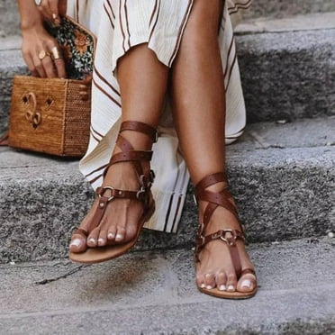 Back to College Tejiojio Clearance Sandals Womens Casual Ankle Strap Set Toe Belt Buckle Flat Low Heel