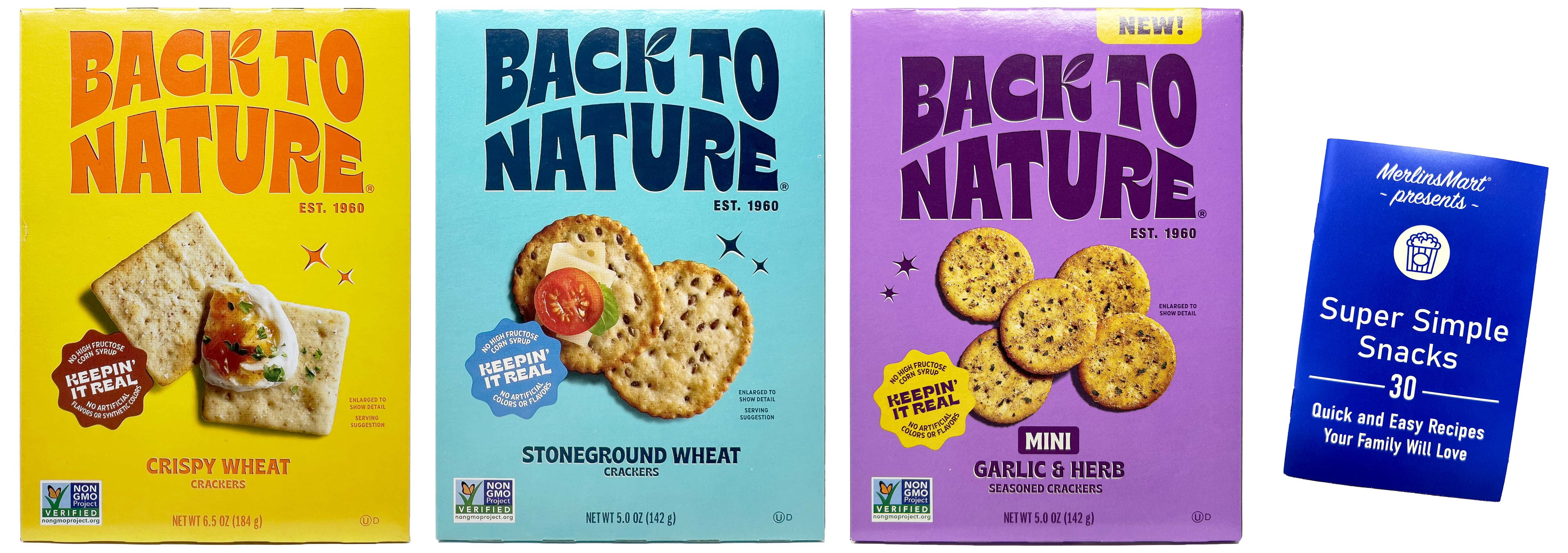 Back to Nature Snack Crackers - 3 Flavors; 1 Each: Crispy Wheat, Stoneground Wheat, & Garlic & Herb + Merlinsmart Zine
