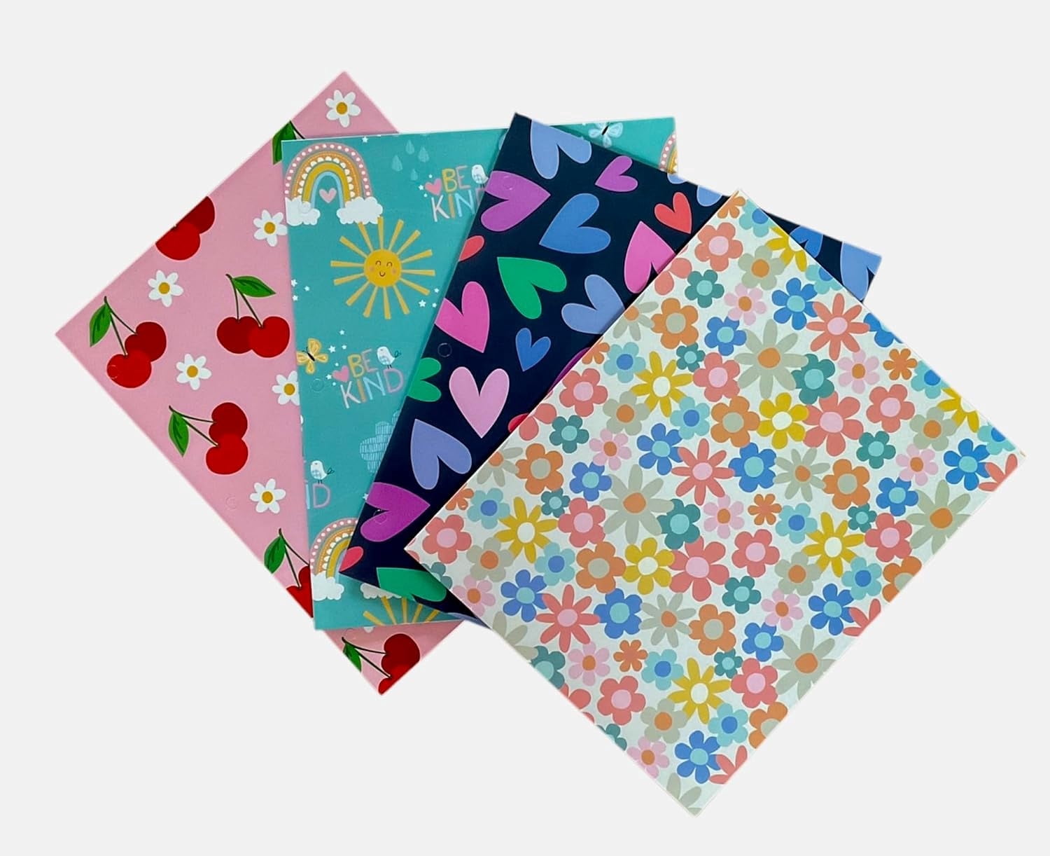 Back to School 2 Pocket Folders Hearts, Flowers, Cherries, Rainbows  Set of 4  Elementary Grade School
