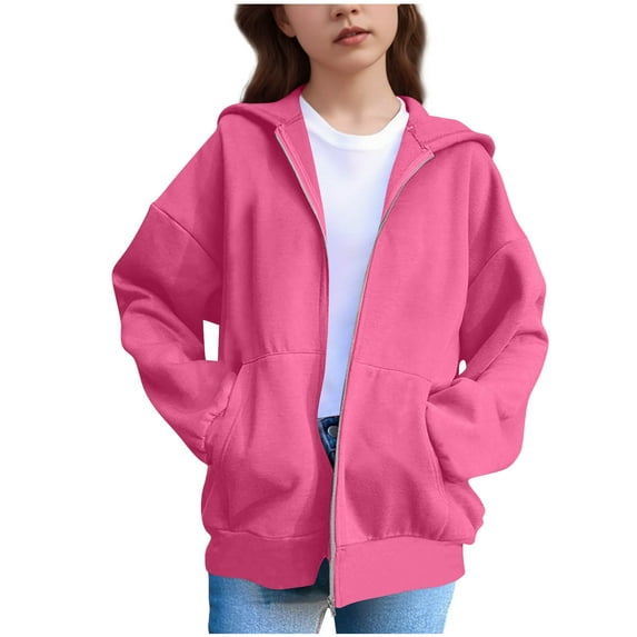 Back to School 2025 Trendy Sevevn Girl's Zip up Hoodies Lightweight Solid Color Pockets Long Sleeved Casual Top With Drop Shoulder Age 5-15 Years