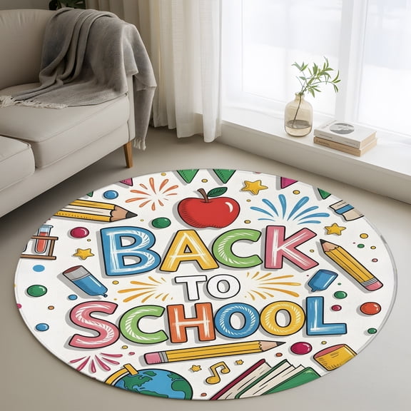 Back to School 3.3' Round Rug for Bedroom Reading Corner, Red Fruit Pencils Earth Globe Holiday Modern Washable Non Slip Circle Area Rug