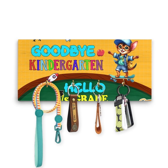 Back to School Abyssinian Goodbye Kindergarten Hello 1st Grade Wood Key Holder Cat Lover Kitten Owner Gifts Wall-mounted Key Rack Home Decor - 02011