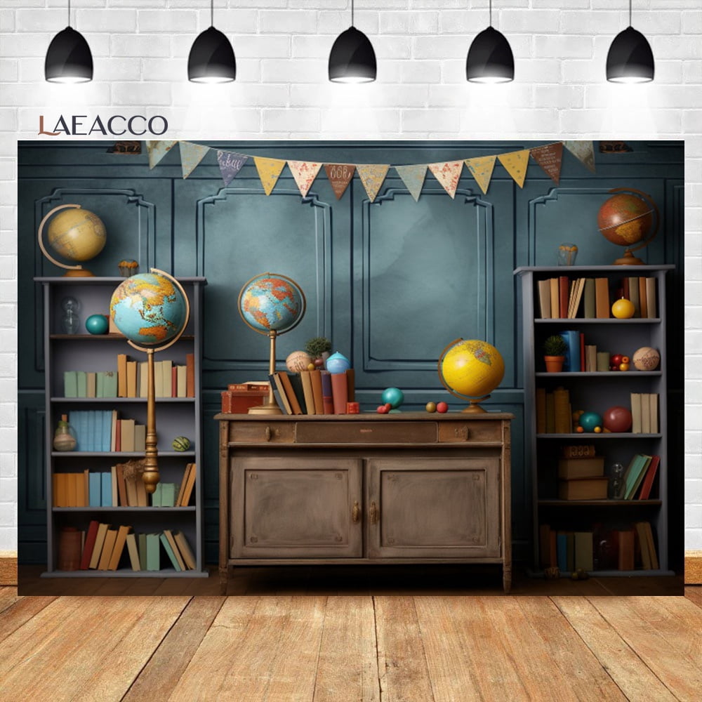 Back to School Backdrop Classroom Globe Bookshelf Photography ...