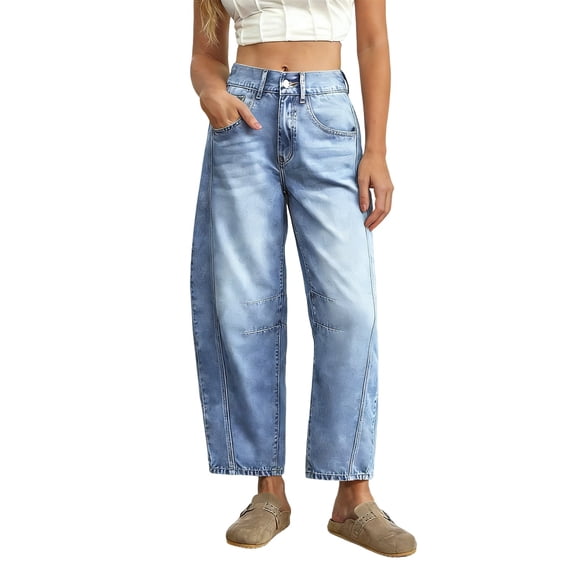 Back to School Barrel Jeans for Women High Waist Soft Washed Denim Relaxed Cropped Balloon Jeans