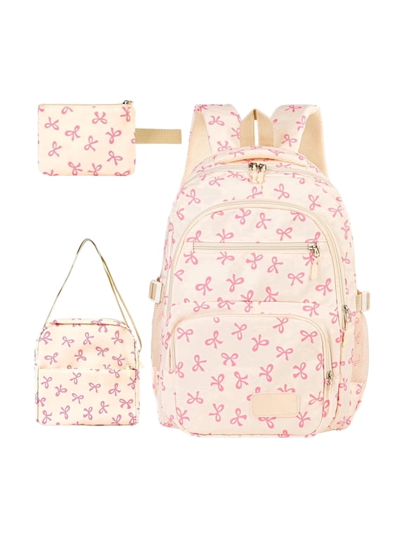 Back to School Bow Backpack 3pcs Set for Girls, Backpack with Bows, College Style Large Capacity Nylon Bow Bookbag Set