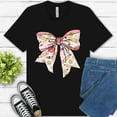 thumbnail image 1 of Back to School Bow Shirt – Cute Pink Smiley Paperclip Floral Teacher Tee , Black, XL, 1 of 6