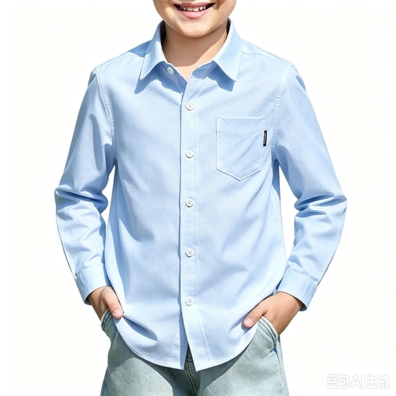 Back to School Boys Shirt Collared Long Sleeve Button Down Solid T Shirts Breathable Comfortable Active Causal Dress Shirts, 130
