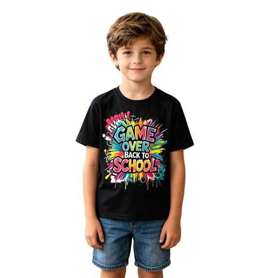 Back to School Boys T-Shirt Game Over Funny Colorful Graffiti Graphic Short Sleeve Crew Neck Summer Casual Top for Little Kids