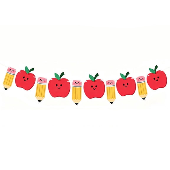 Back to School Bunting Paper Hanging Decor with Apples and Pencils for Classroom First Day of School Party