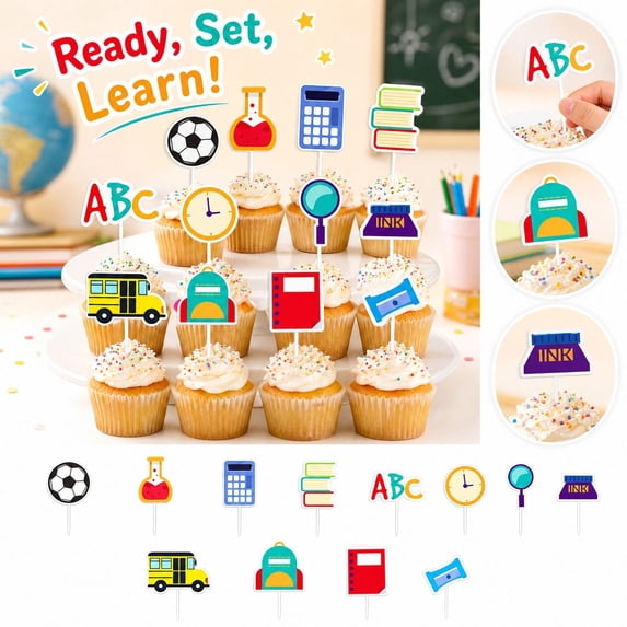 Back to School Cake Toppers 12 Pack Classroom Theme Cupcake Picks for School Party Cake Dessert Decoration Supplies