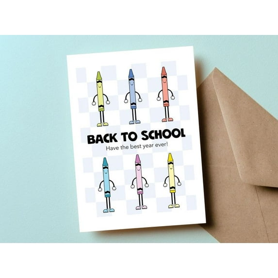 Back to School Card – Colorful Crayon Characters Design – Envelope Included, Blank Inside – Perfect for Students, Kids, and Back to School Wishes