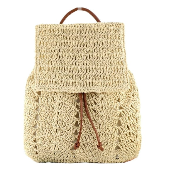 Back-to-School Women Straw Drawstring Backpack, 12.6 inch Hollow Out Beach Backpack, Shoulders Bucket Bag for Summer (Beige)