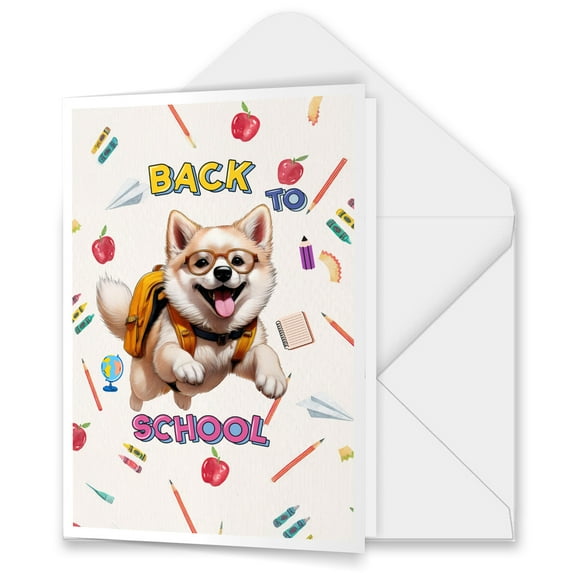 Back to School Cute Akita 5x7in Folded Greeting Card Inu Dog Lover Single Note Card with Envelope - 13010