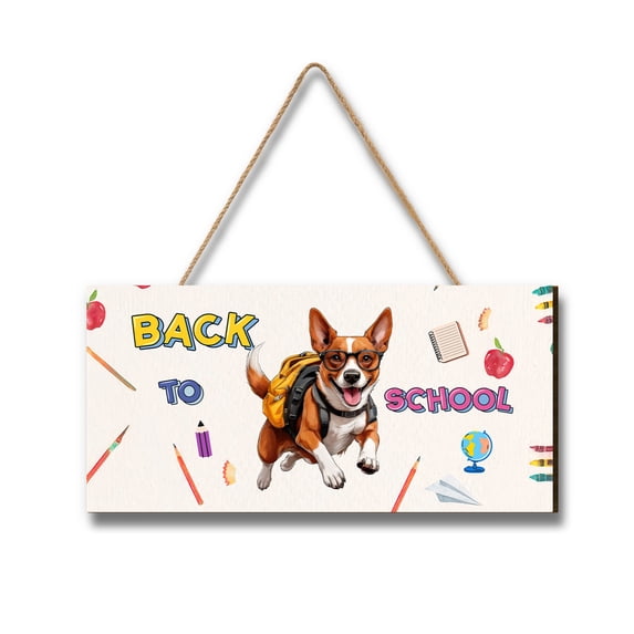 Back to School Cute Basenji Landscape Wood Sign African Barkless Dog Lover Hanging Wall Home Decor - 13010